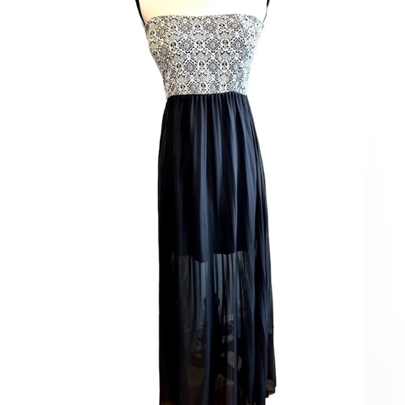 Cantata Maxi Dress Strapless Black Pleated Chiffon Skirt Tapestry Top Medium - Picture 1 of 15